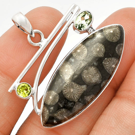 Black Flower Fossil Coral, Prasiolite & Peridot Pendant P-1286 SDP148411
