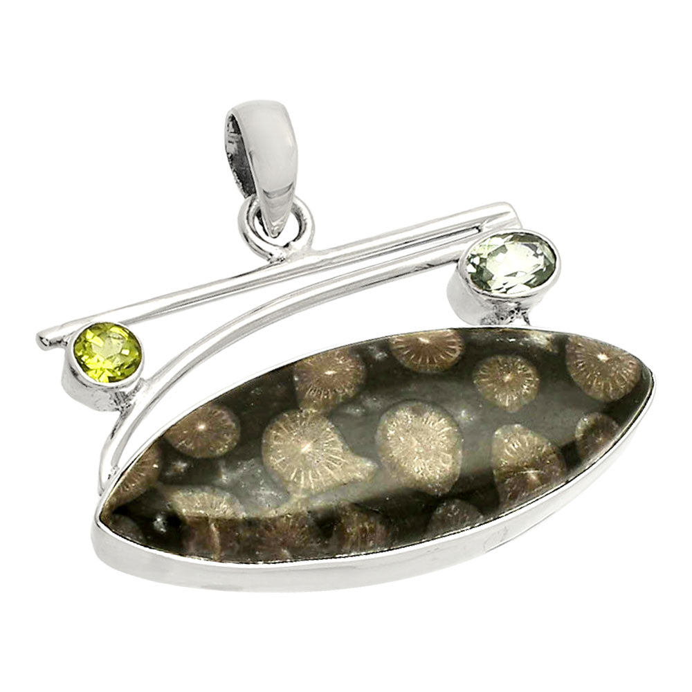 Black Flower Fossil Coral, Prasiolite & Peridot Pendant P-1286 SDP148411