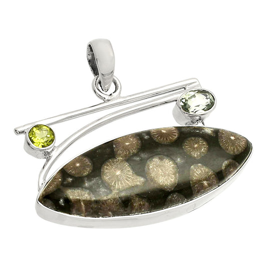 Black Flower Fossil Coral, Prasiolite & Peridot Pendant P-1286 SDP148411