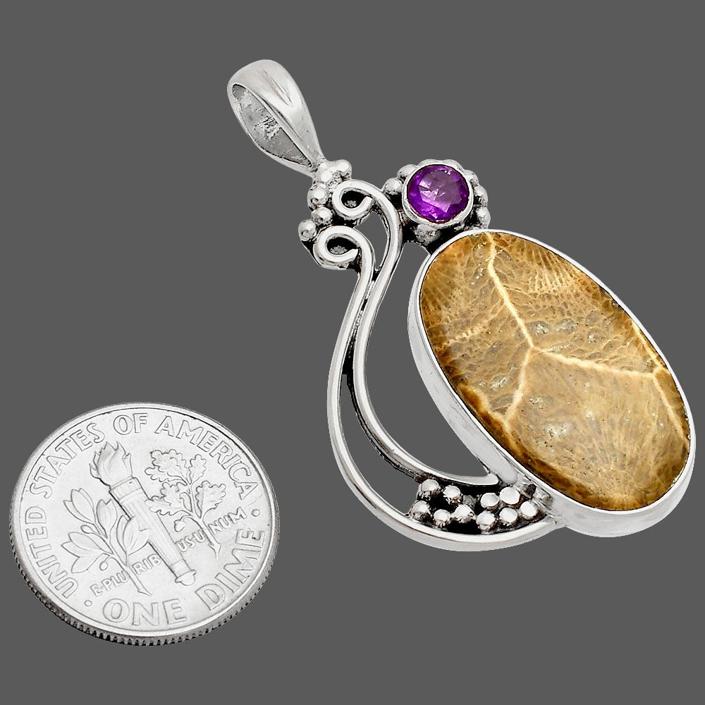 Flower Fossil Coral & Amethyst Pendant P-1573 SDP148758