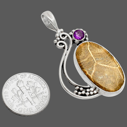 Flower Fossil Coral & Amethyst Pendant P-1573 SDP148758