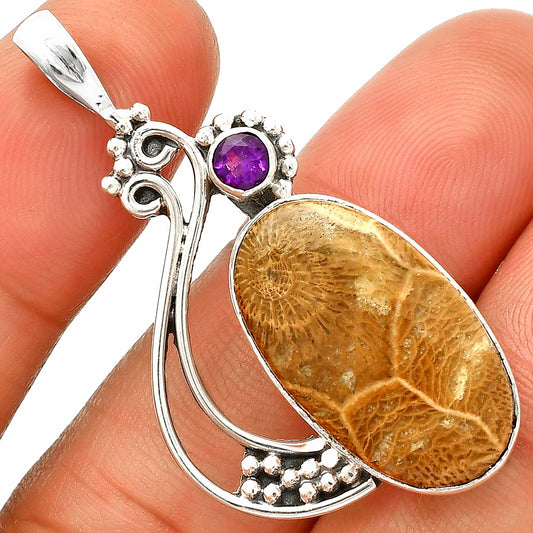 Flower Fossil Coral & Amethyst Pendant P-1573 SDP148762