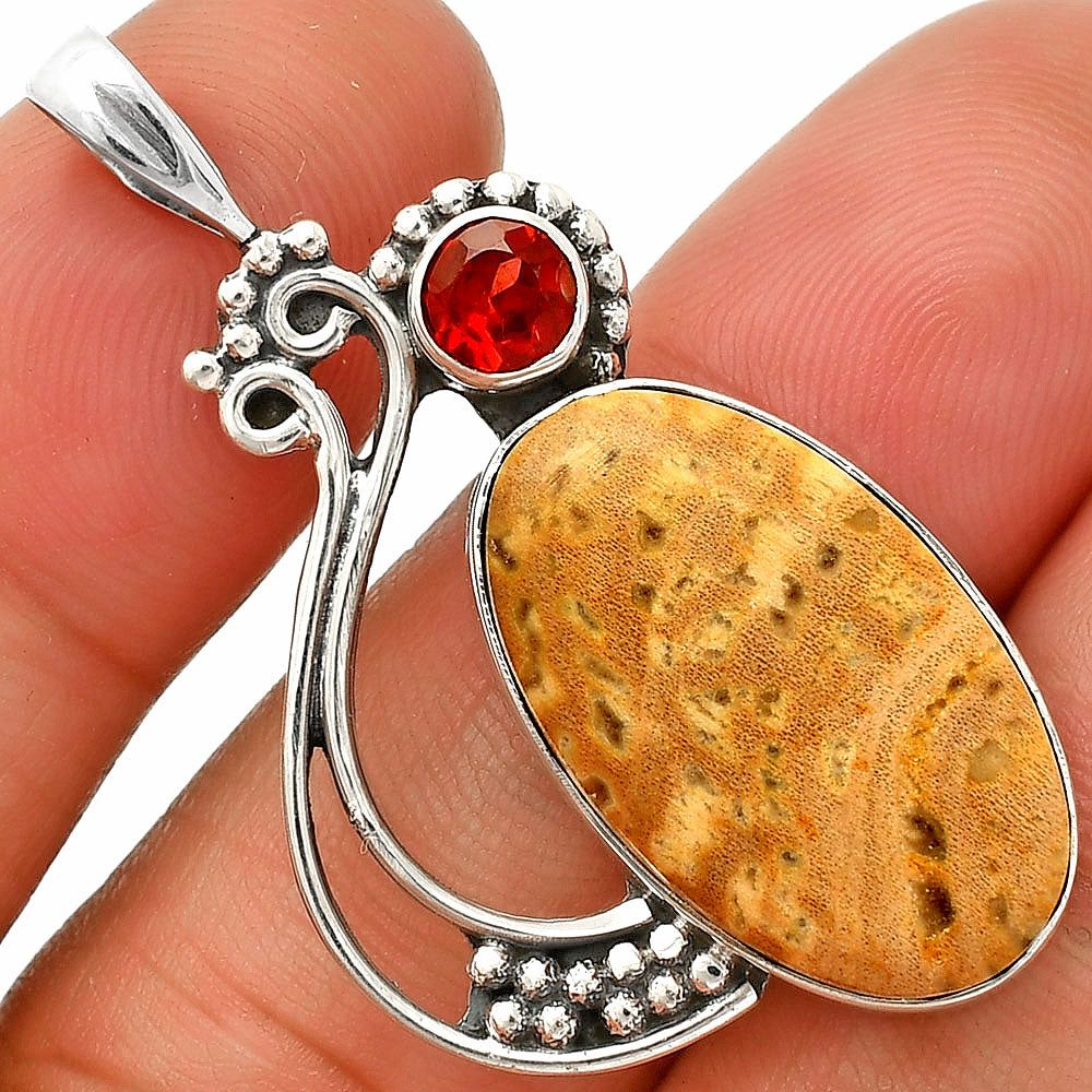 Palm Root Fossil Agate & Garnet Pendant P-1573 SDP148780