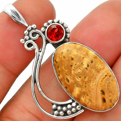 Palm Root Fossil Agate & Garnet Pendant P-1573 SDP148780