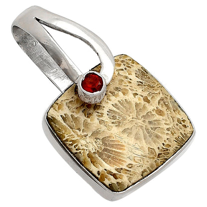 Natural Flower Fossil Coral & Garnet Pendant P-1251 SDP148850