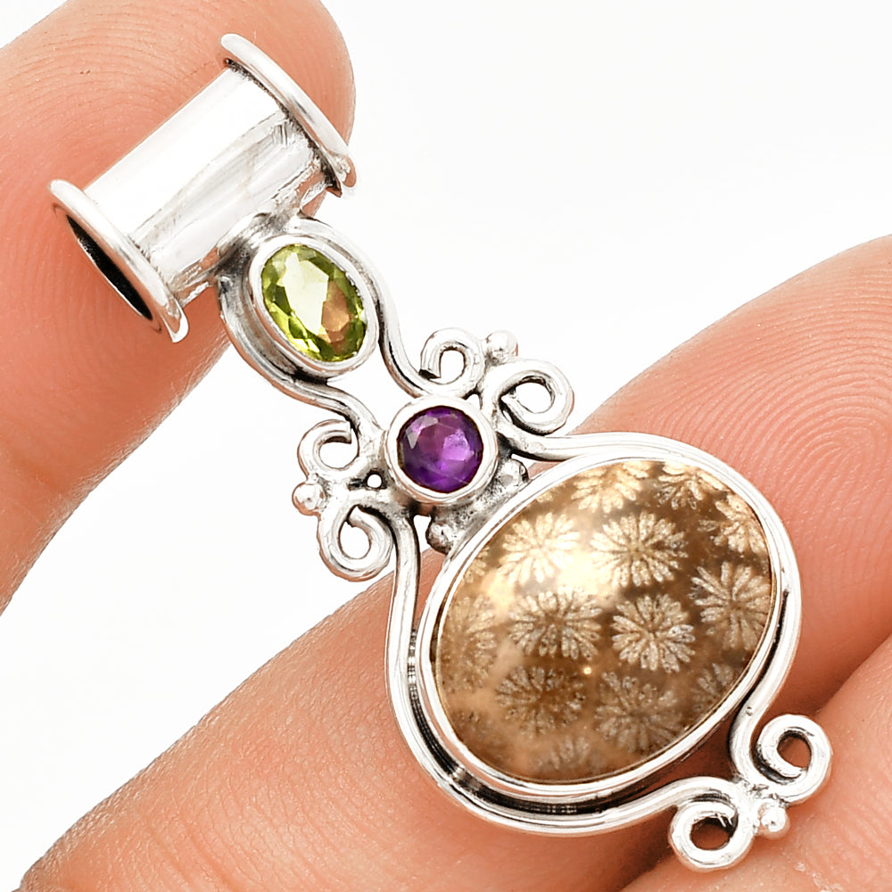 Flower Fossil Coral, Peridot & Amethyst Pendant P-1448 SDP149312