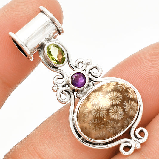 Flower Fossil Coral, Peridot & Amethyst Pendant P-1448 SDP149312