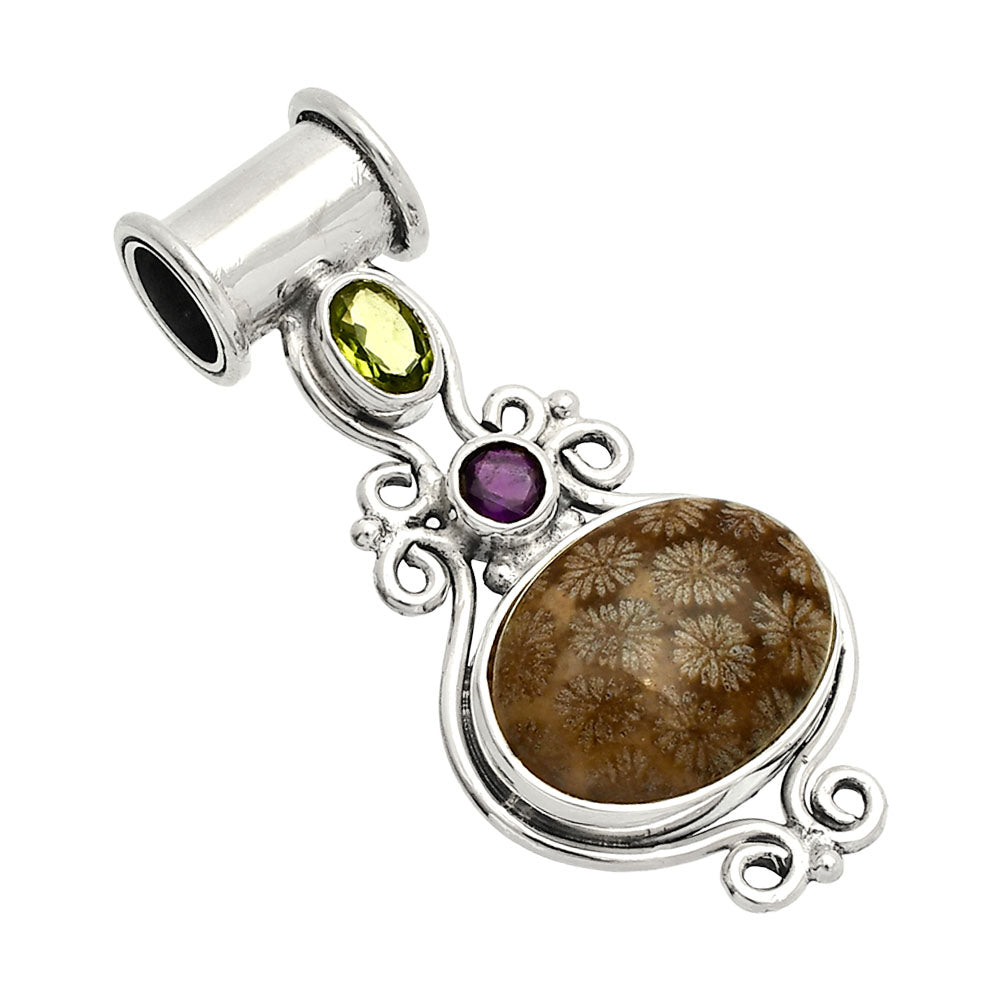 Flower Fossil Coral, Peridot & Amethyst Pendant P-1448 SDP149312