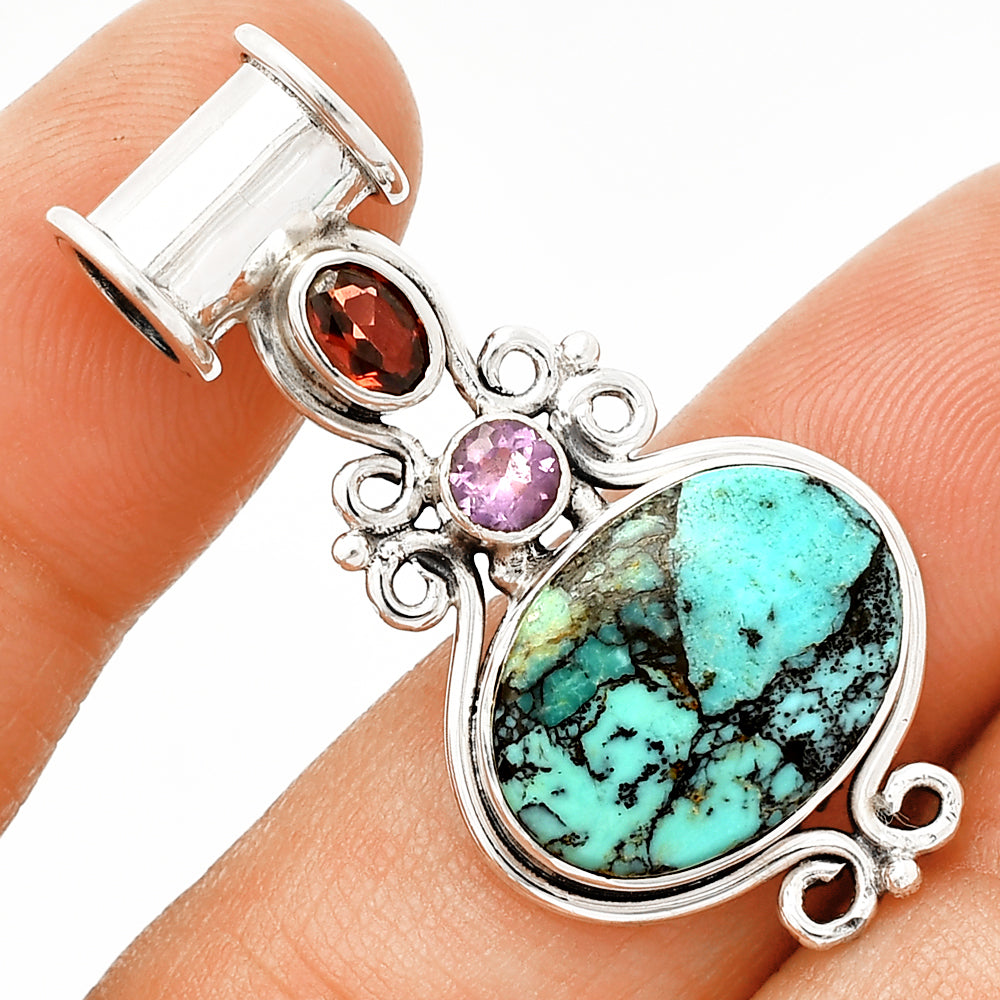 Lucky Charm Tibetan Turquoise, Garnet & Amethyst Pendant P-1448 SDP149330