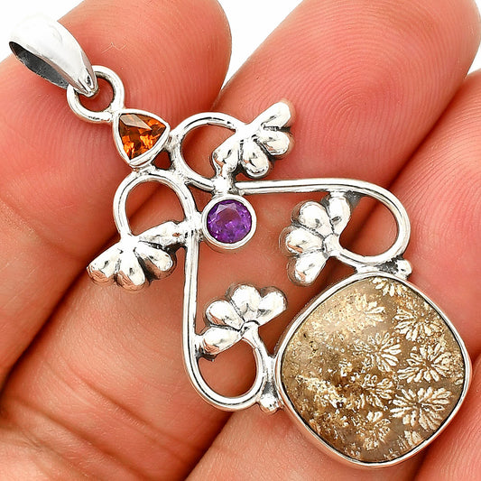 Flower Fossil Coral, Mandarin Citrine & Amethyst Pendant P-1294 SDP149473
