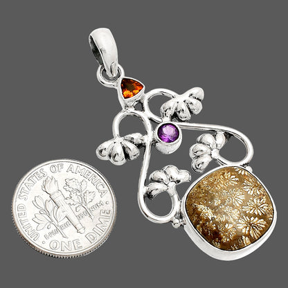 Flower Fossil Coral, Mandarin Citrine & Amethyst Pendant P-1294 SDP149473