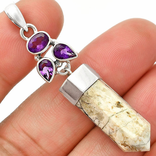 Authentic White Buffalo Turquoise & Amethyst Point Pendant P-1307 SDP149575