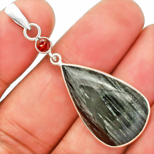 Natural Silver Leaf Obsidian & Garnet Pendant P-1098 SDP150914