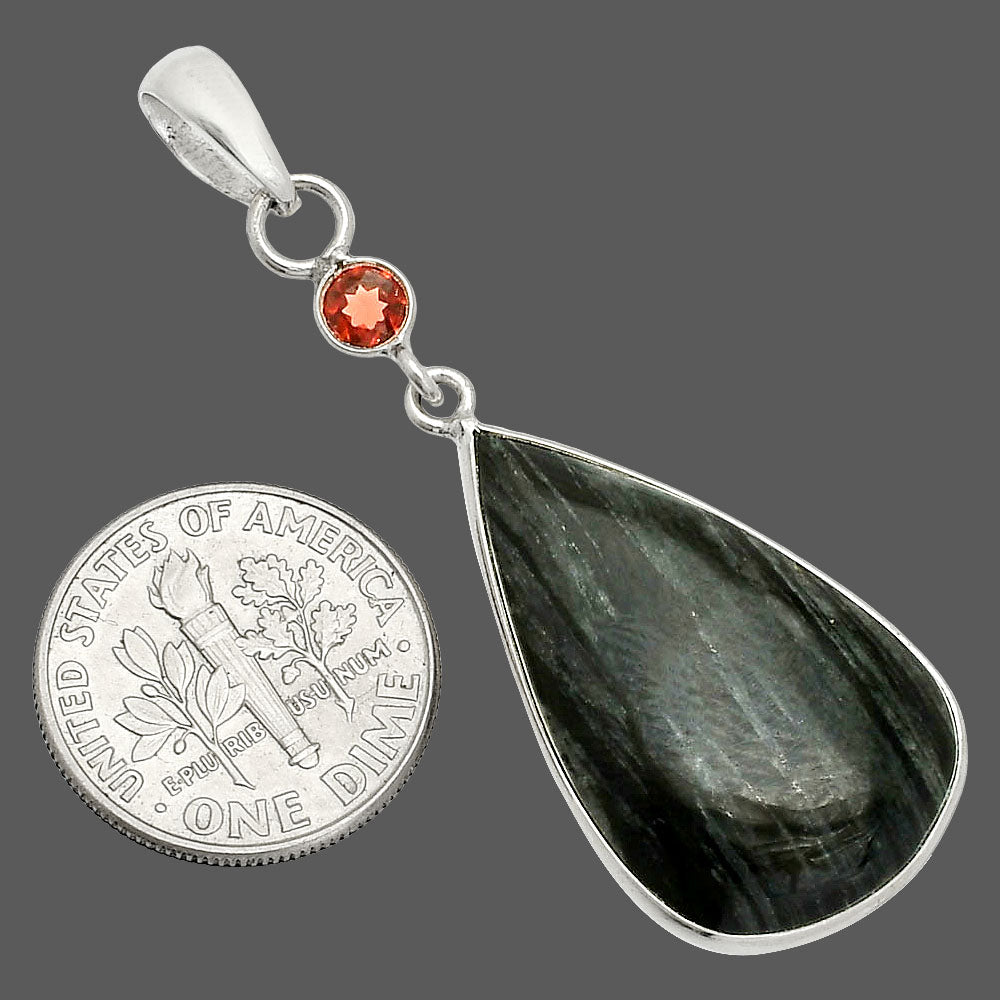 Natural Silver Leaf Obsidian & Garnet Pendant P-1098 SDP150914