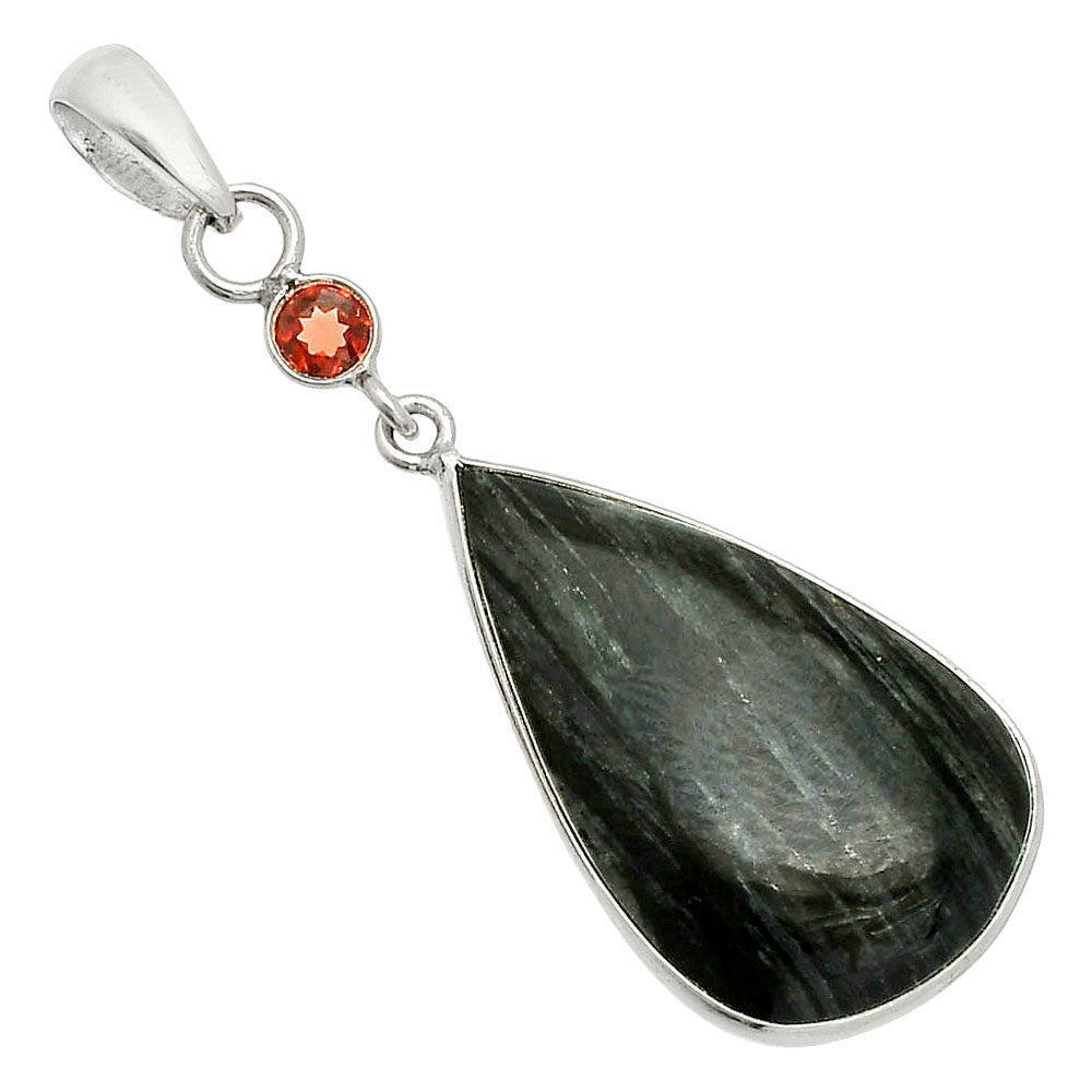 Natural Silver Leaf Obsidian & Garnet Pendant P-1098 SDP150914