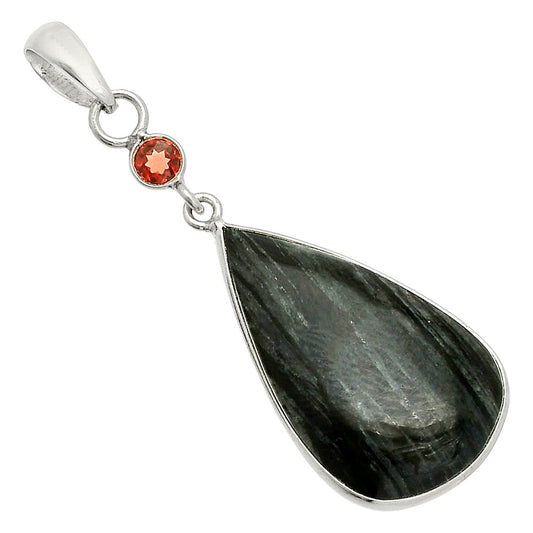 Natural Silver Leaf Obsidian & Garnet Pendant P-1098 SDP150914