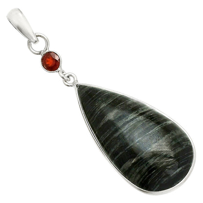 Natural Silver Leaf Obsidian & Garnet Pendant P-1098 SDP150929