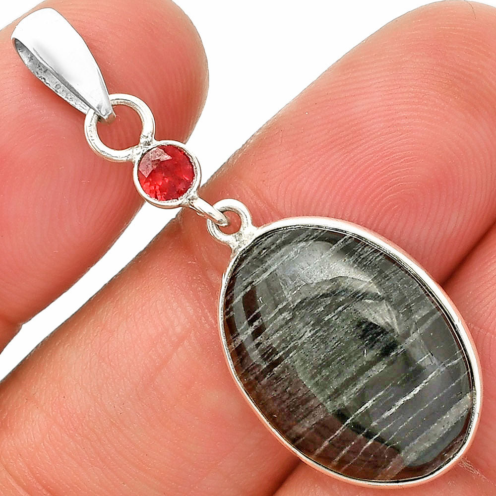 Natural Silver Leaf Obsidian & Garnet Pendant P-1098 SDP150969