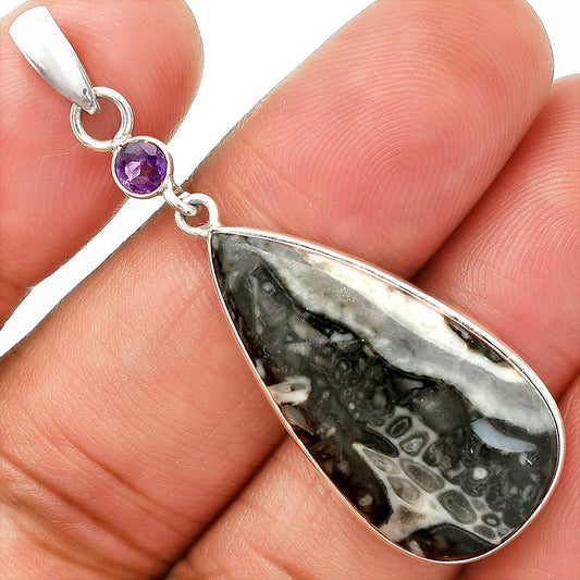 Mexican Cabbing Fossil & Amethyst Pendant P-1098 SDP151009