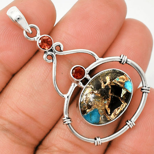 Natural Shell In Black Blue Turquoise & Garnet Pendant P-1075 SDP151182