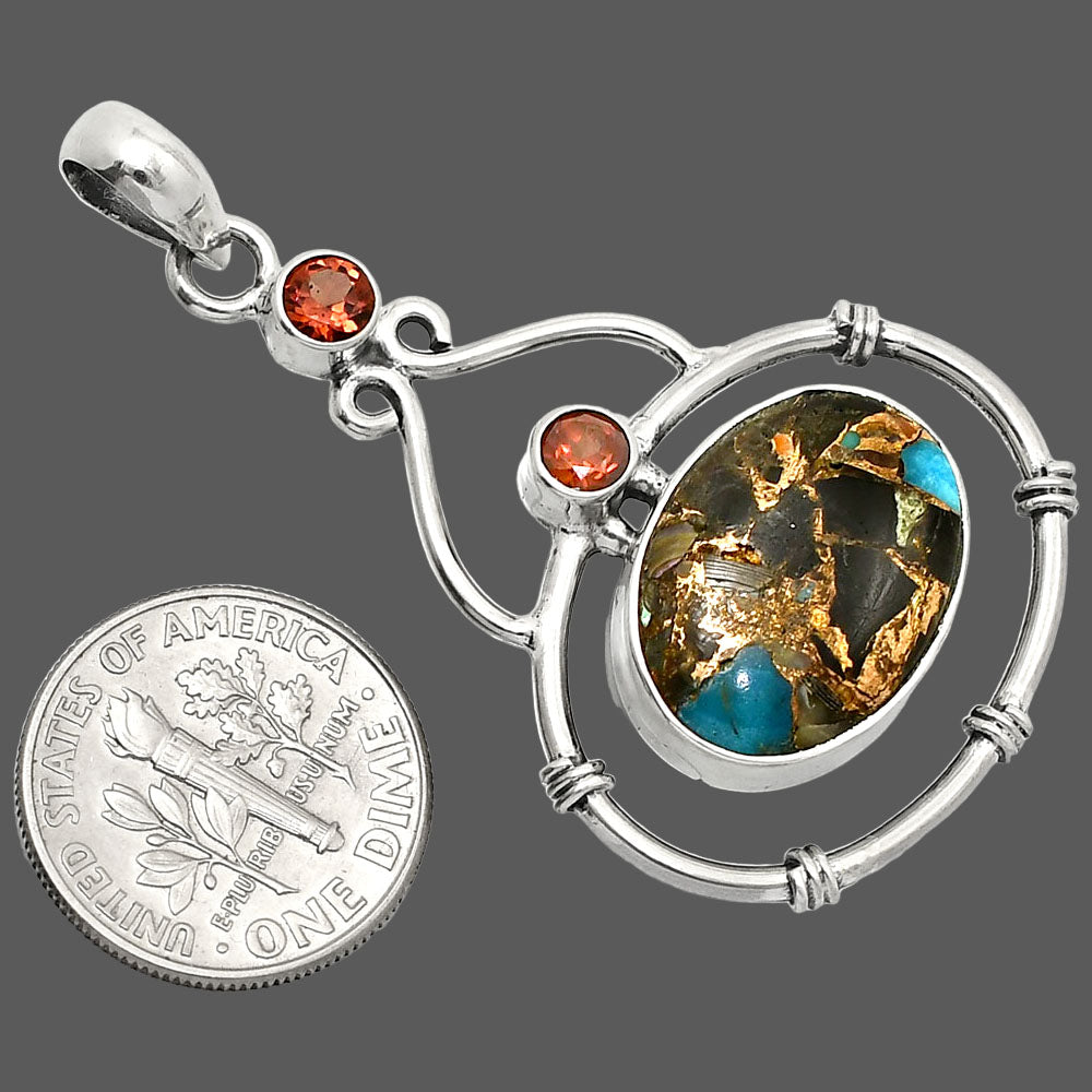 Natural Shell In Black Blue Turquoise & Garnet Pendant P-1075 SDP151182