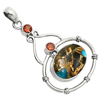 Natural Shell In Black Blue Turquoise & Garnet Pendant P-1075 SDP151182