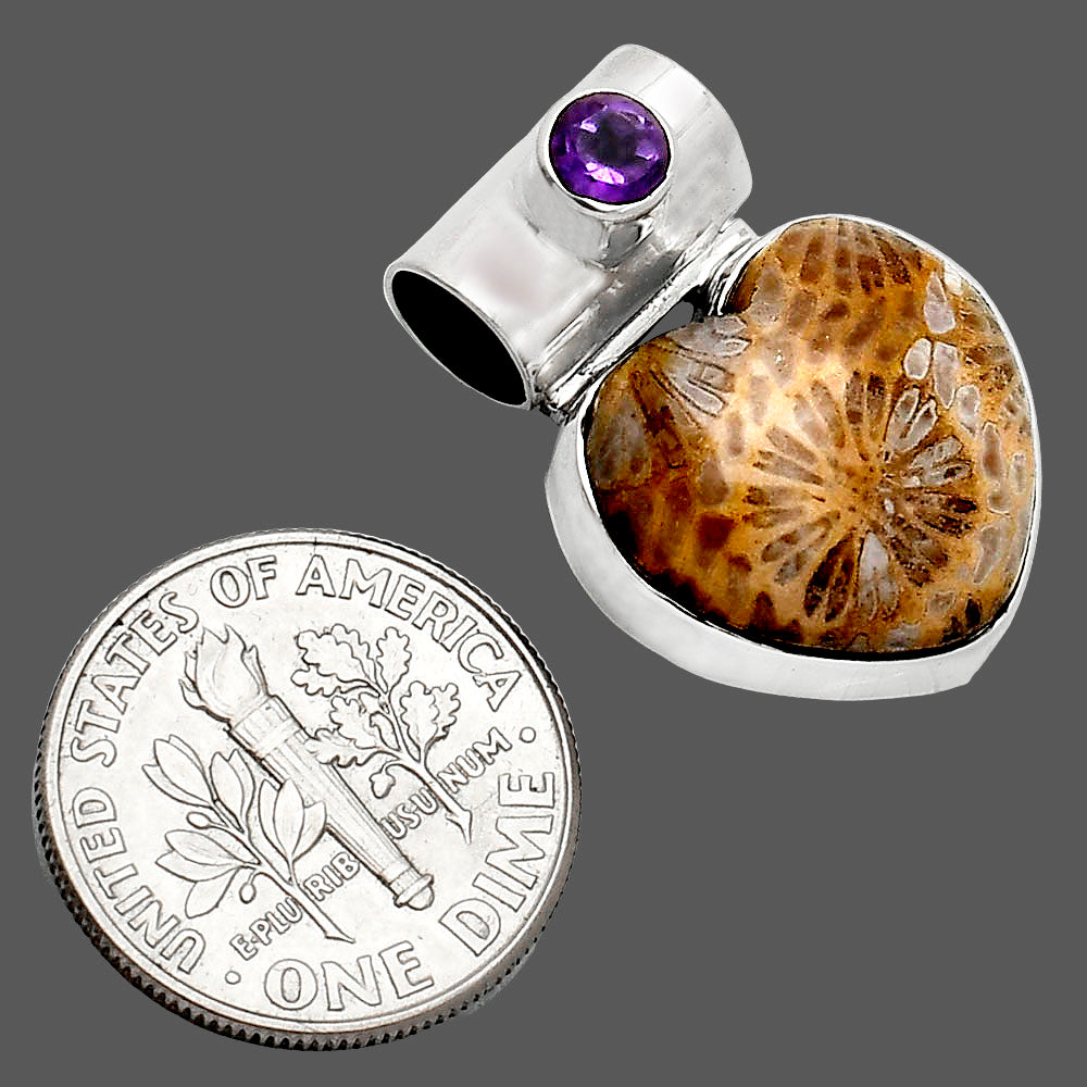 Heart Flower Fossil Coral & Amethyst Pendant P-1300 SDP151764