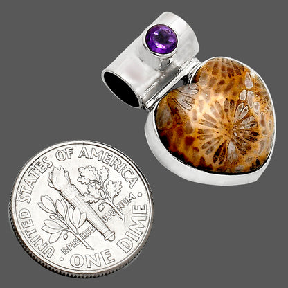 Heart Flower Fossil Coral & Amethyst Pendant P-1300 SDP151764
