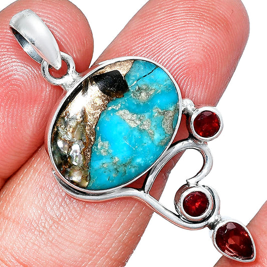 Shell In Black Blue Turquoise & Garnet Pendant P-1293 SDP152651