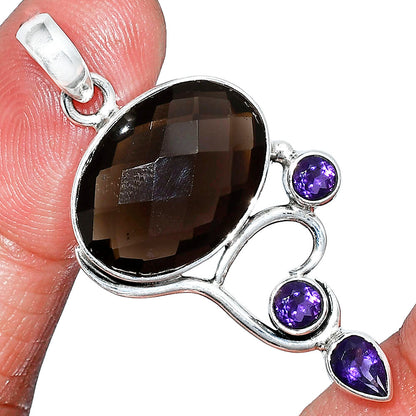 Smoky Quartz Checker Briolette & Amethyst Pendant P-1293 SDP152661