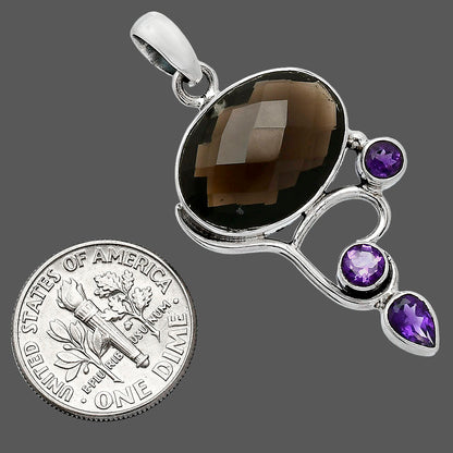 Smoky Quartz Checker Briolette & Amethyst Pendant P-1293 SDP152661