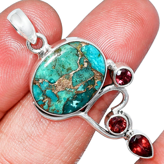 Kingman Copper Teal Turquoise & Garnet Pendant P-1293 SDP152664