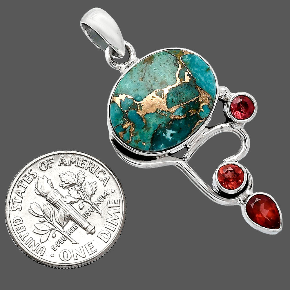 Kingman Copper Teal Turquoise & Garnet Pendant P-1293 SDP152664