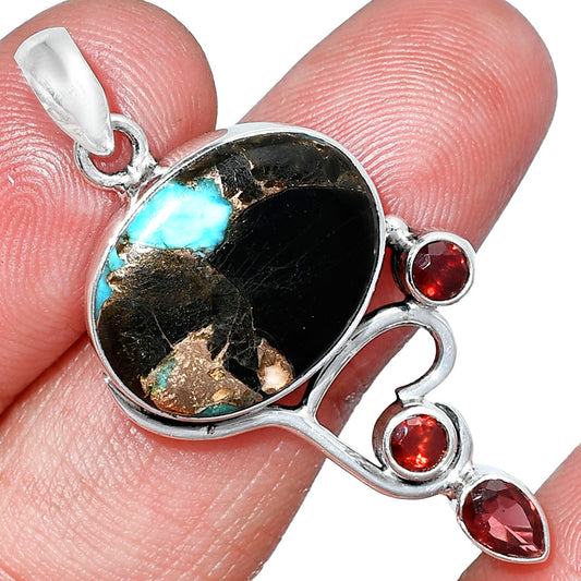 Shell In Black Blue Turquoise & Garnet Pendant P-1293 SDP152671
