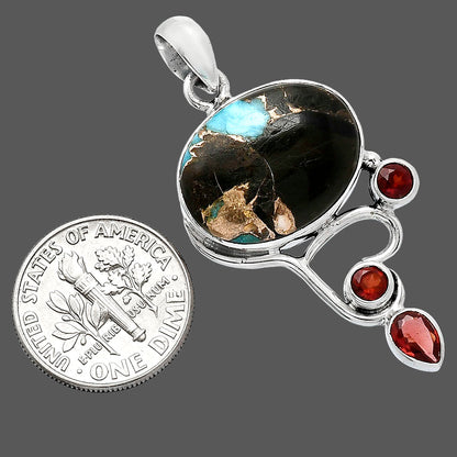 Shell In Black Blue Turquoise & Garnet Pendant P-1293 SDP152671