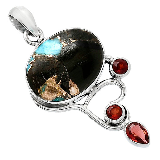 Shell In Black Blue Turquoise & Garnet Pendant P-1293 SDP152671