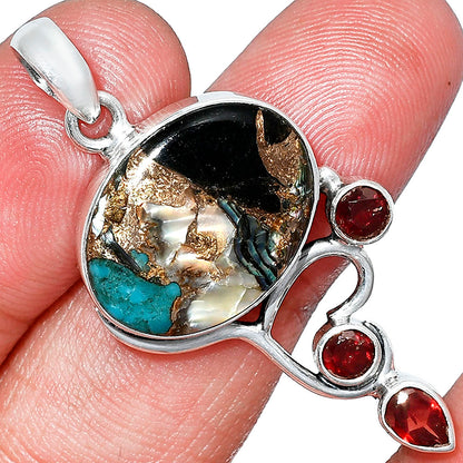 Shell In Black Blue Turquoise & Garnet Pendant P-1293 SDP152681