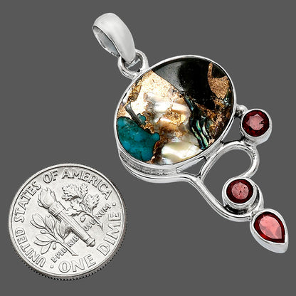 Shell In Black Blue Turquoise & Garnet Pendant P-1293 SDP152681