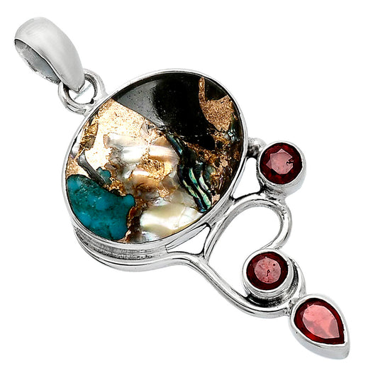 Shell In Black Blue Turquoise & Garnet Pendant P-1293 SDP152681