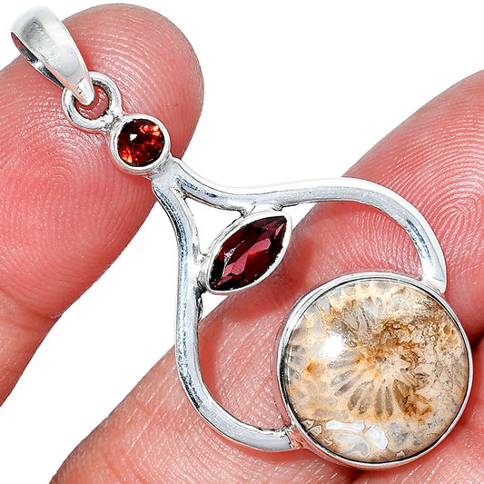 Natural Flower Fossil Coral & Garnet Pendant P-1187 SDP152740