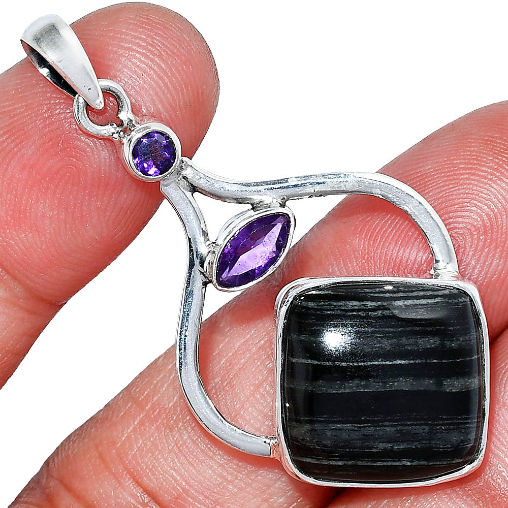 Silver Leaf Obsidian & Amethyst Pendant P-1187 SDP152746