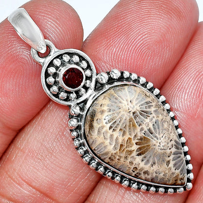 Natural Flower Fossil Coral & Garnet Pendant P-1500 SDP152878