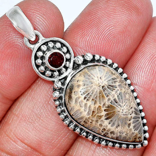 Natural Flower Fossil Coral & Garnet Pendant P-1500 SDP152878