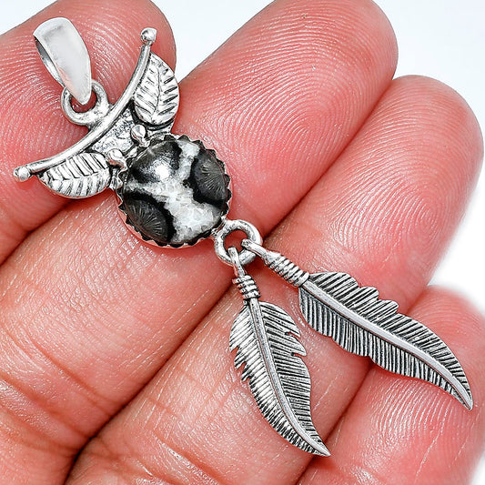 Feather - Black Flower Fossil Coral Pendant P-1284 SDP152960