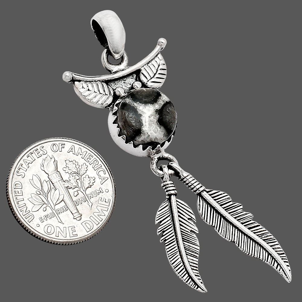 Feather - Black Flower Fossil Coral Pendant P-1284 SDP152960