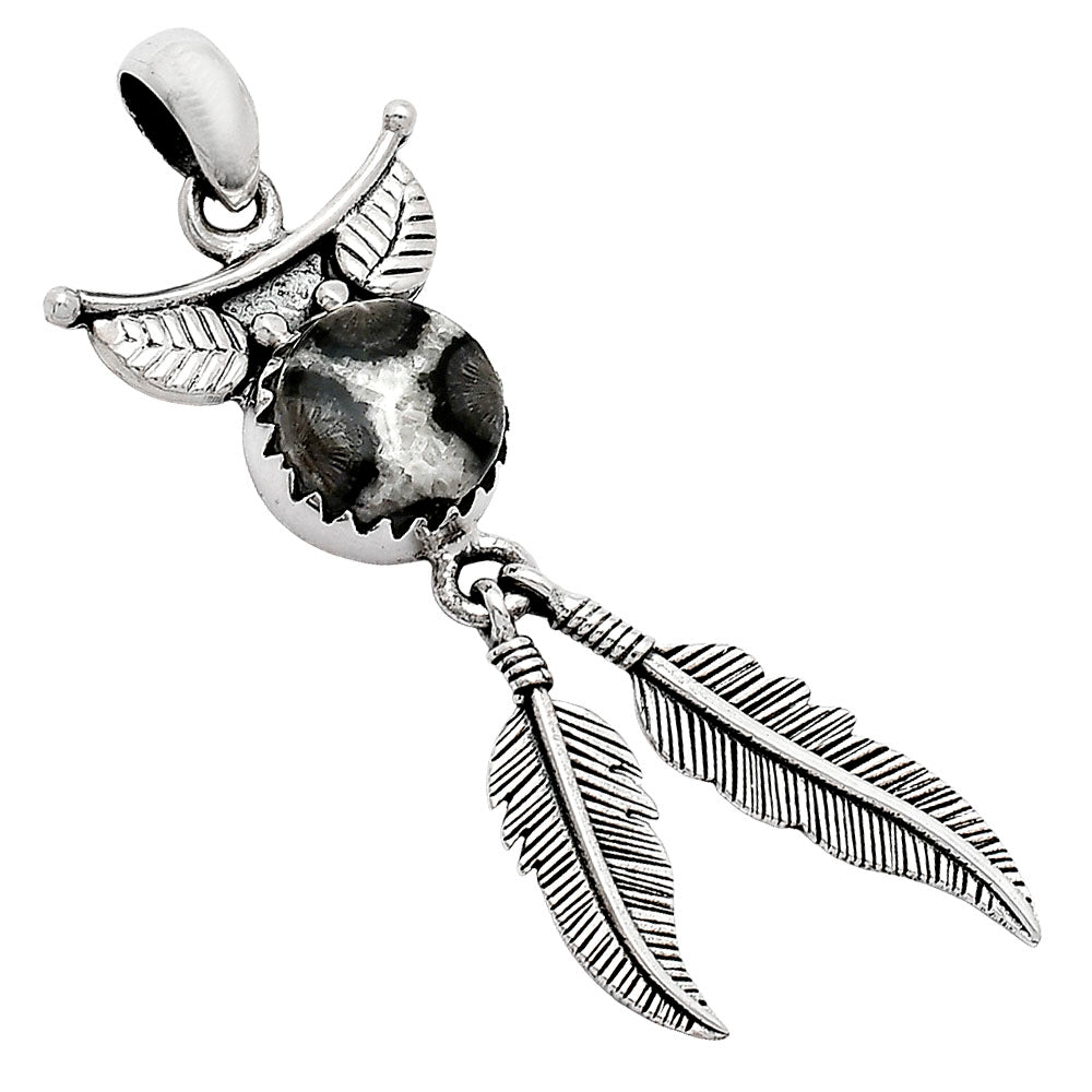 Feather - Black Flower Fossil Coral Pendant P-1284 SDP152960