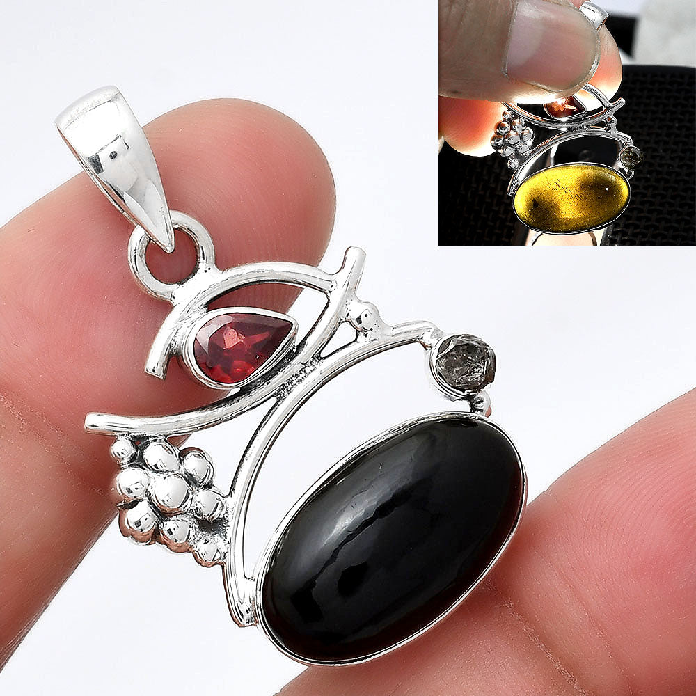 Tektite Cab, Garnet & Herkimer Diamond Pendant P-1704 SDP154241