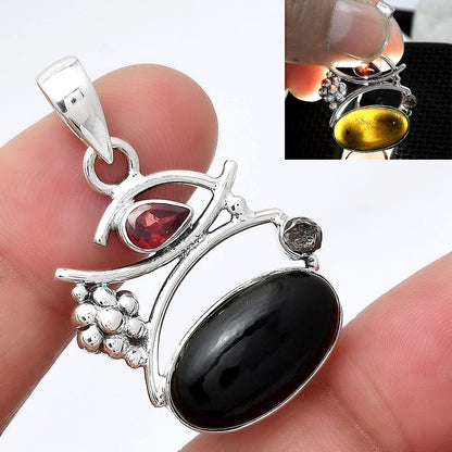 Tektite Cab, Garnet & Herkimer Diamond Pendant P-1704 SDP154241