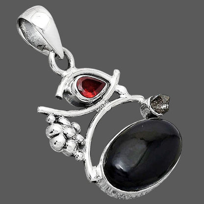 Tektite Cab, Garnet & Herkimer Diamond Pendant P-1704 SDP154241