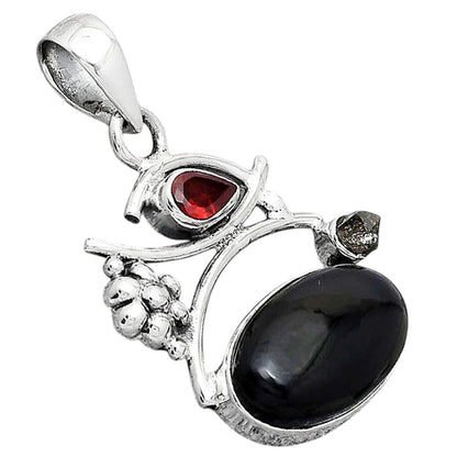 Tektite Cab, Garnet & Herkimer Diamond Pendant P-1704 SDP154241